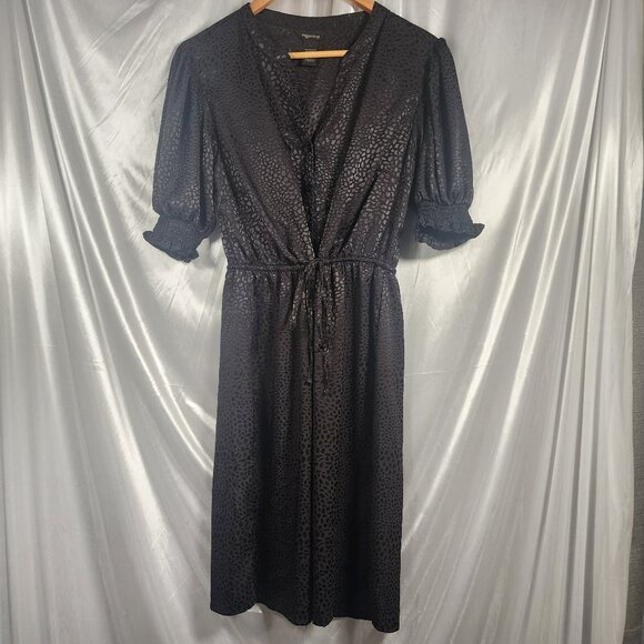 Millenium Button Front Smocked Sleeves Textured Satin Tie Waist Dress Black Lg - Picture 1 of 9